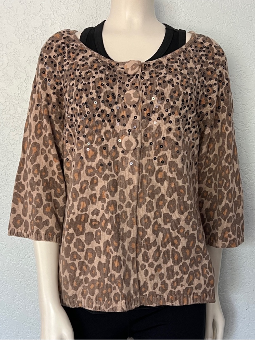 Chico’s Additions Leopard Cardigan Sequin Button Animal Print Women’s 1 US 8/10